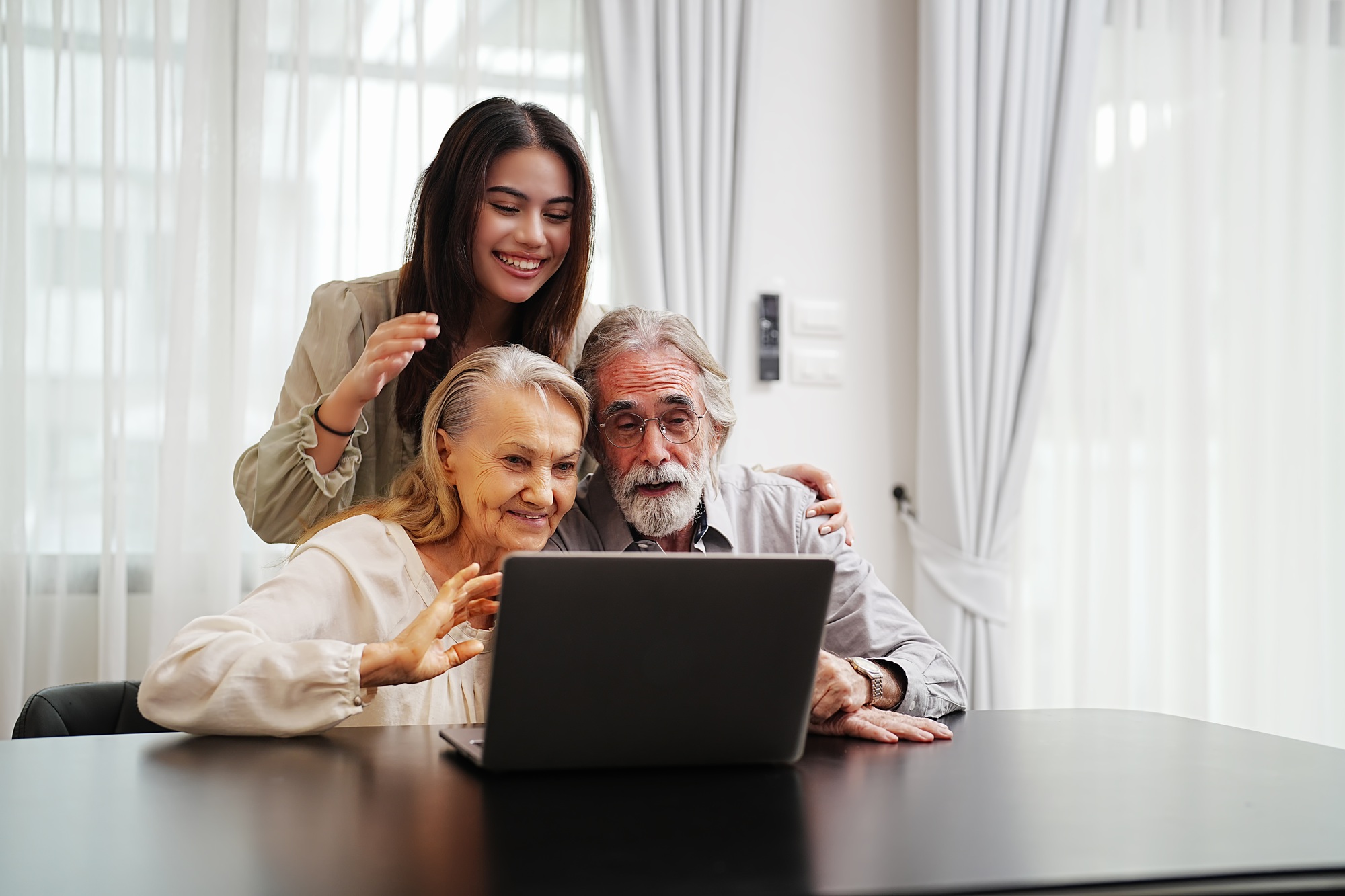 Young woman or nurse home are give support empathy to elderly people in assisted living homecare.